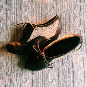 Not Rated lace and brown heeled booties